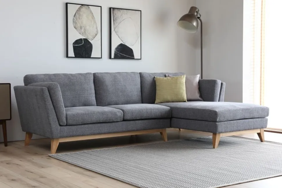 Soffa med divan grått tyg - 260 cm bred + Textilrengöring för möbler