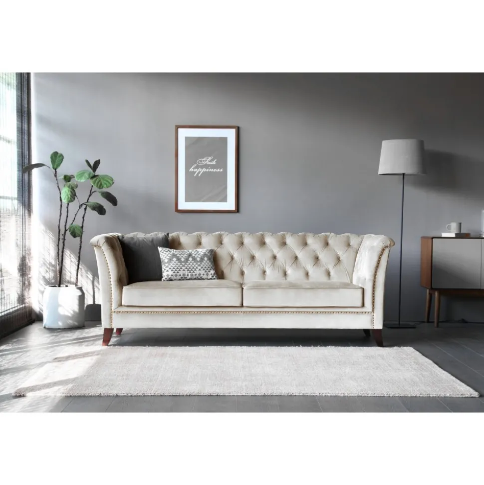 Soffa 3-sits Chesterfield beige - Milton + Textilrengöring för möbler