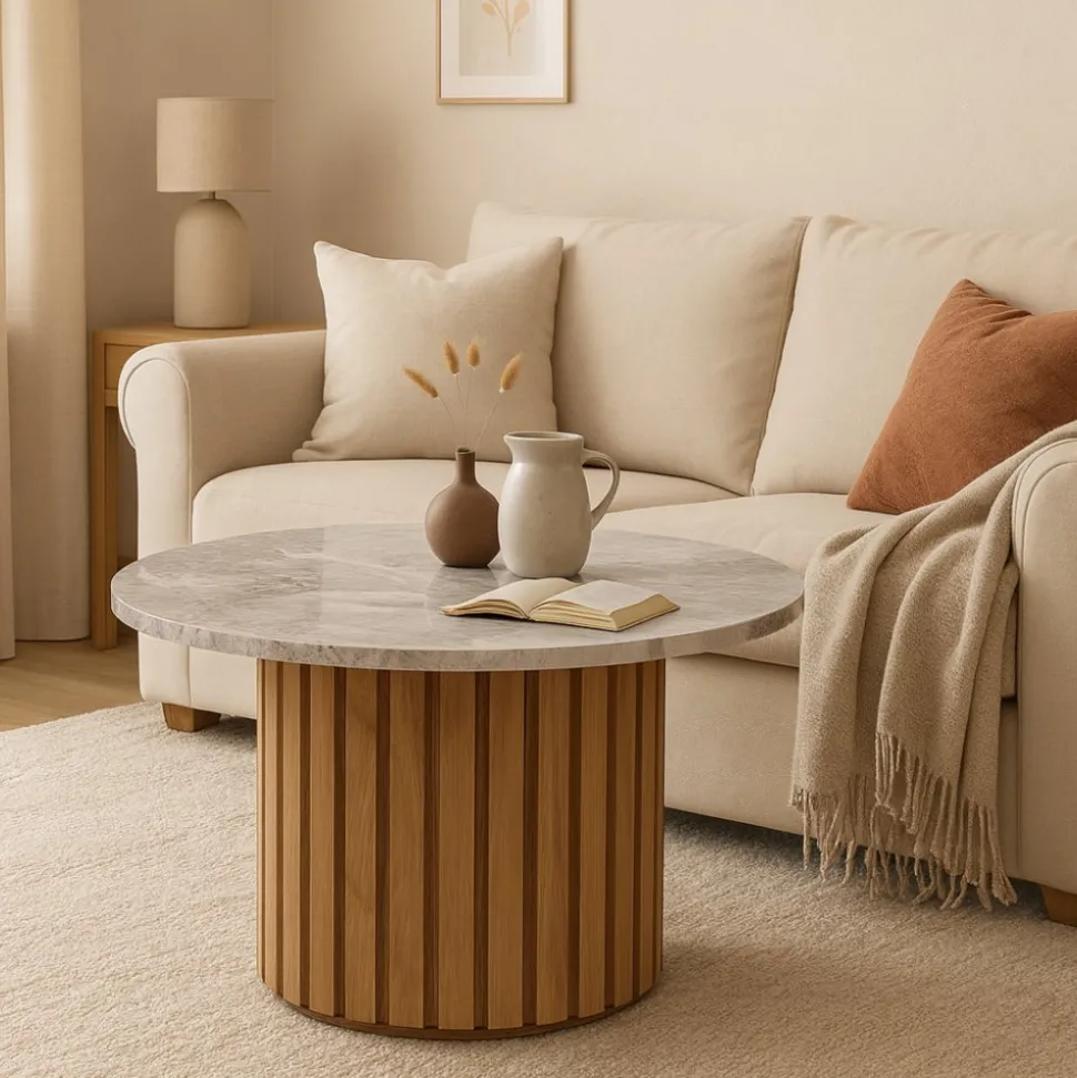 Soffbord i marmor Ø85 - Ek / gråbeige marmor