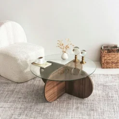 Soffbord i valnöt med glasskiva + Fläckborttagare för möbler