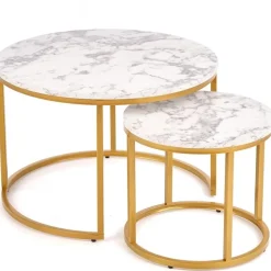 Soffbord set med 2 st Ø38/60 cm - Vit marmoreffekt/guld + Möbeltassar