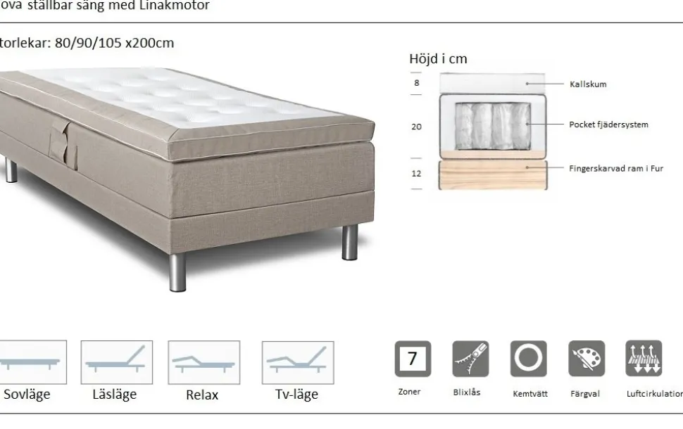 Ställbar säng beige medium - 80x200 cm