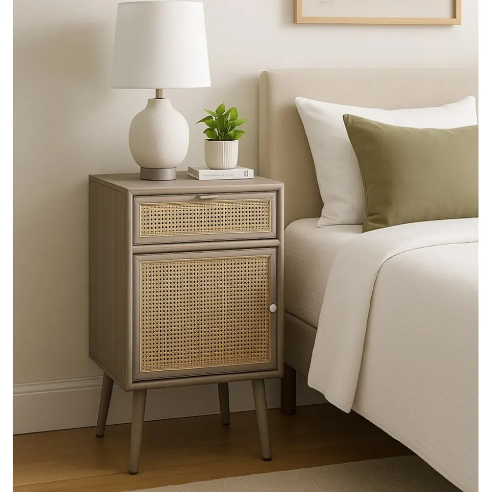 Stockholm grått sängbord med rotting