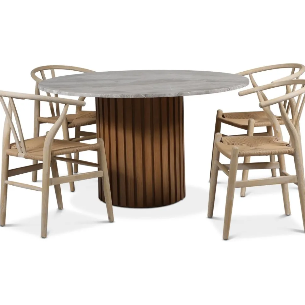 Sumo matgrupp Ø130 cm inkl. 4 st Brandon matstolar whitewash - Oljad ek / Silver marmor + 3.00 x Möbeltassar