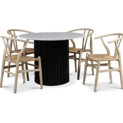 Sumo matgrupp Ø105 cm inkl. 4 st Brandon matstolar whitewash - Svartbets / Ljus marmor + 4.00 x Stolsdyna