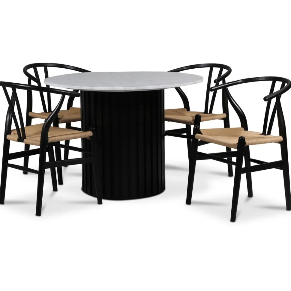 Sumo matgrupp Ø105 cm inkl. 4 st Brandon svarta matstolar - Svartbets / Ljus marmor + 4.00 x Stolsdyna