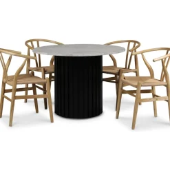 Sumo matgrupp Ø105 cm inkl. 4 st Brandon matstol - Svartbets / Silver marmor