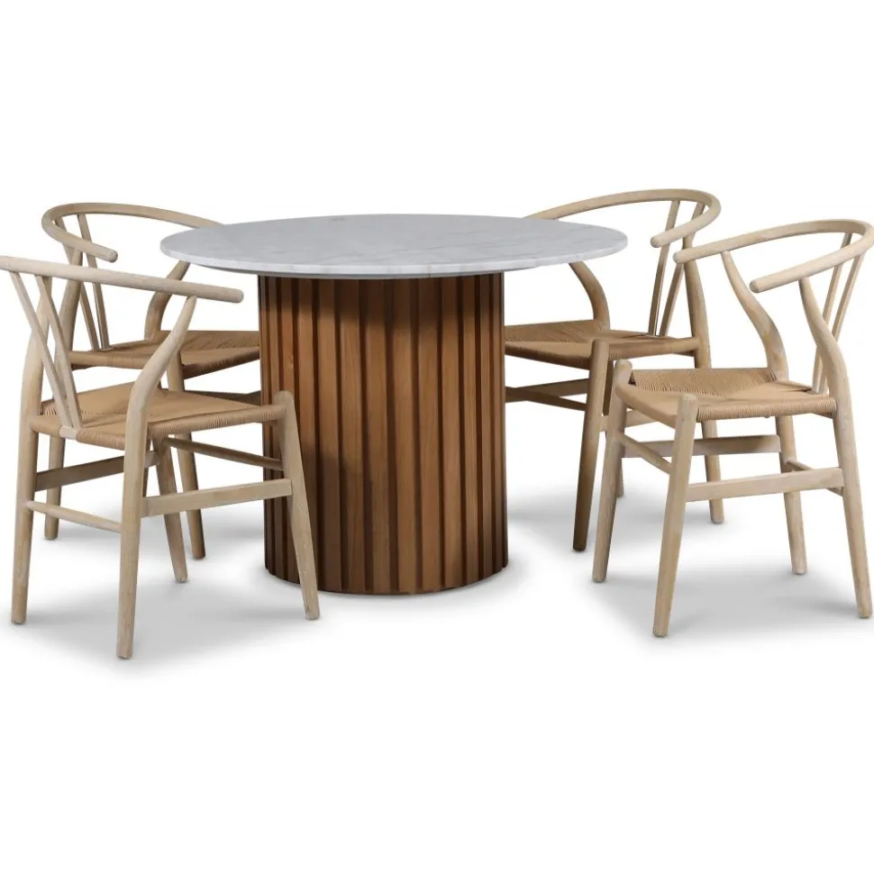 Sumo matgrupp Ø105 cm inkl. 4 st Brandon matstolar whitewash - Oljad ek / Ljus marmor