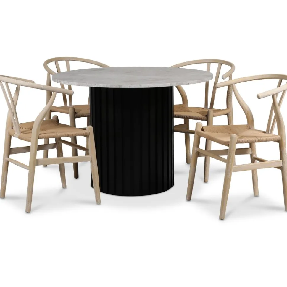 Sumo matgrupp Ø105 cm inkl. 4 st Brandon matstolar whitewash - Svartbets / Silver marmor + 3.00 x Möbeltassar