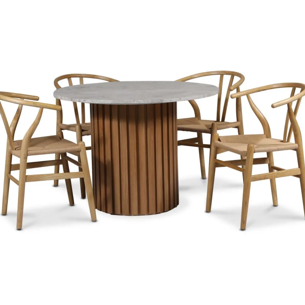 Sumo matgrupp Ø105 cm inkl. 4 st Brandon matstol - Oljad ek / Silver marmor + 3.00 x Möbeltassar