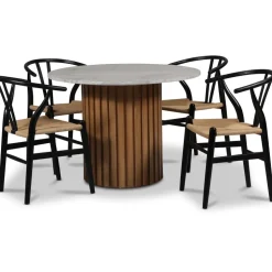 Sumo matgrupp Ø105 cm inkl. 4 st Brandon svarta matstolar - Oljad ek / Silver marmor