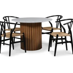 Sumo matgrupp Ø105 cm inkl. 4 st Brandon svarta matstolar - Oljad ek / Ljus marmor + 3.00 x Möbeltassar