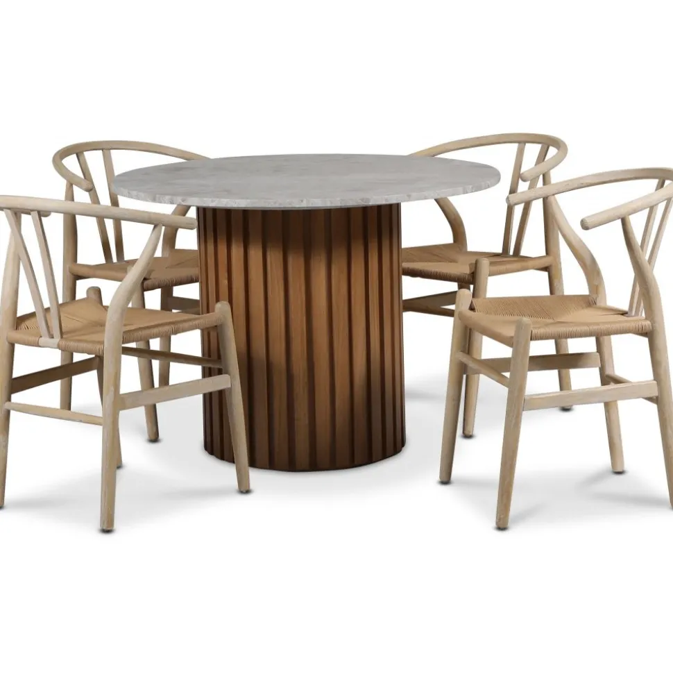 Sumo matgrupp Ø105 cm inkl. 4 st Brandon matstolar whitewash - Oljad ek / Silver marmor + 4.00 x Stolsdyna