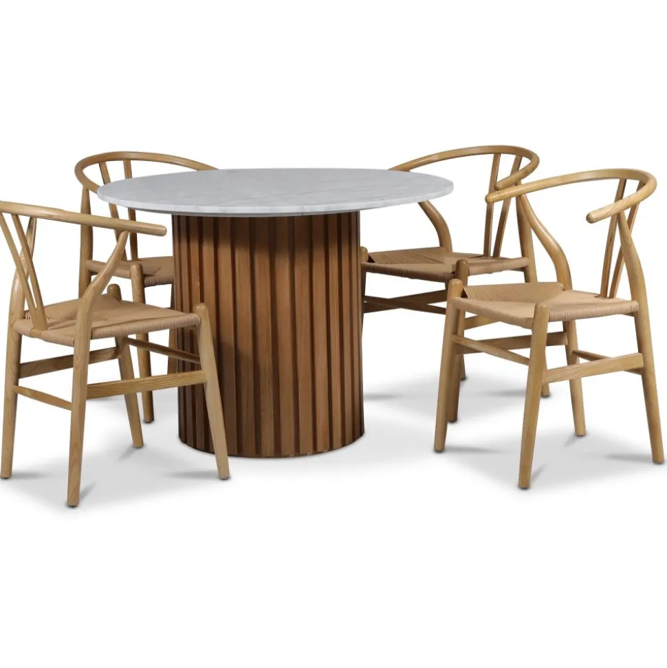 Sumo matgrupp Ø105 cm inkl. 4 st Brandon matstol - Oljad ek / Ljus marmor + 4.00 x Stolsdyna
