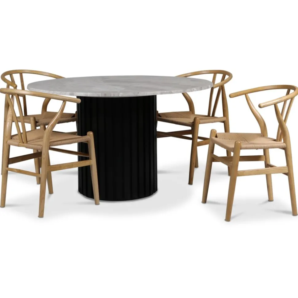 Sumo matgrupp Ø130cm inkl. 4 st Brandon matstolar - Svartbets / Silver marmor