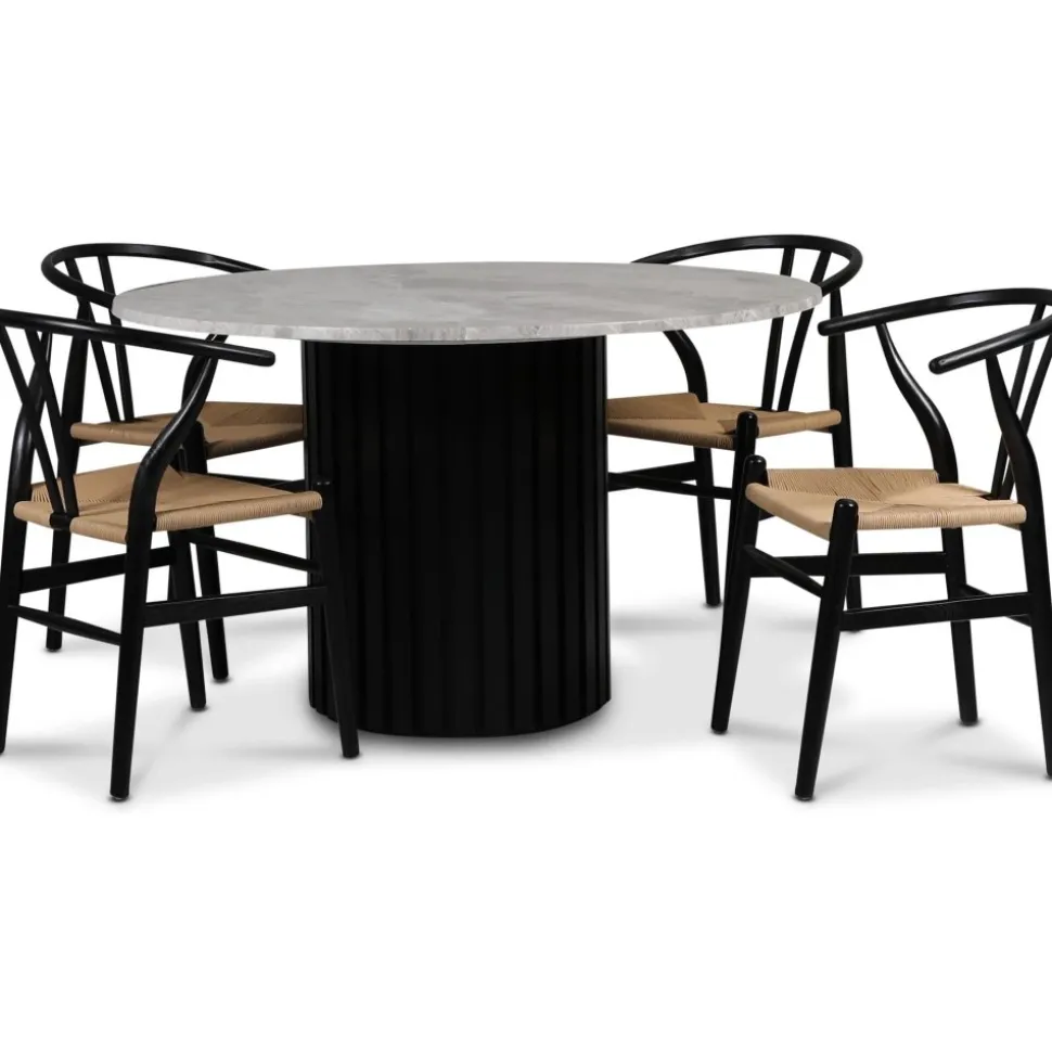 Sumo matgrupp Ø130cm inkl. 4 st Brandon svarta matstolar - Svartbets / Silver marmor