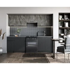 Tamara komplett kök 240 cm - Grå marmor/svart/grå