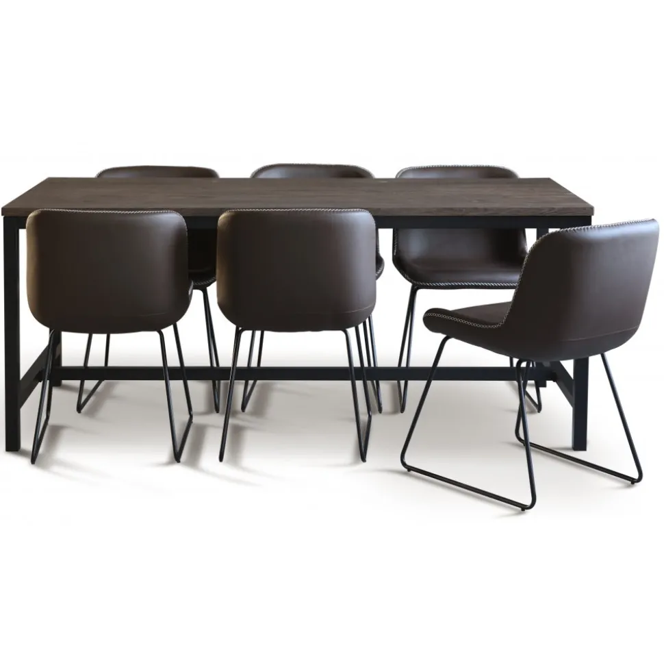 Texas matgrupp med 6 st Texas matstolar Brun PU + Texas matbord mörkbrun ek 180x90 cm + 6.00 x Stolsdyna