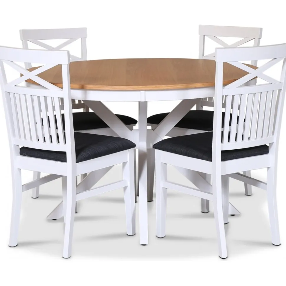 Tromsö matgrupp; runt matbord 120 cm - Vit / oljad ek med 4 st Skagen stolar med grå sits