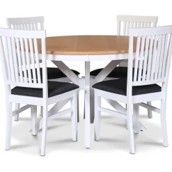 Tromsö matgrupp; runt matbord 120 cm - Vit / oljad ek med 4 st Fårö stolar med sits i grått tyg + 4.00 x Stolsdyna