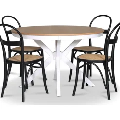 Tromsö matgrupp; runt matbord Vit / Ek med 4 st Danderyd No.16 matstolar Svart + 3.00 x Möbeltassar