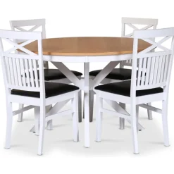 Tromsö matgrupp; runt matbord 120 cm - Vit / oljad ek med 4 st Fårö stolar med kryss i rygg, sits i svart PU
