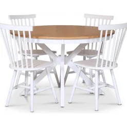 Tromsö matgrupp; runt matbord 120 cm - Vit / oljad ek med 4 st vita Karl pinnstolar