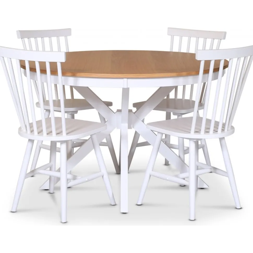 Tromsö matgrupp; runt matbord 120 cm - Vit / oljad ek med 4 st vita Karl pinnstolar