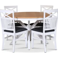 Tromsö matgrupp; runt matbord 120 cm - Vit / oljad ek med 4 st Skagen stolar med grå sits + 4.00 x Stolsdyna