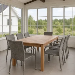 Utegrupp: 8 stolar och teakbord 210 x 90 cm