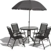 Utegrupp; bord + 4 stolar + parasoll + Textilskydd för utemöbler
