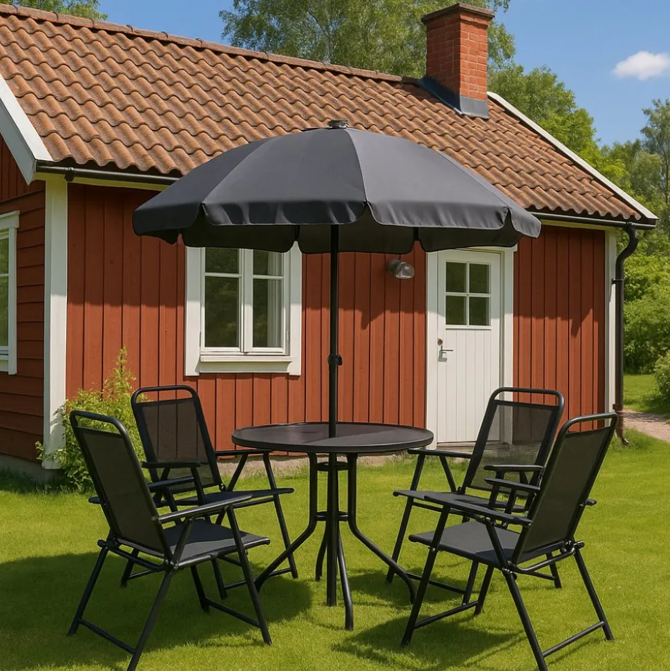 Utegrupp; bord + 4 stolar + parasoll + Rengöringsmedel för utemöbler