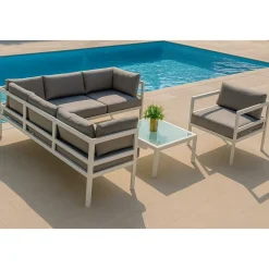 Utegrupp med bord och hörnsoffa i vit aluminium + Textilskydd för utemöbler