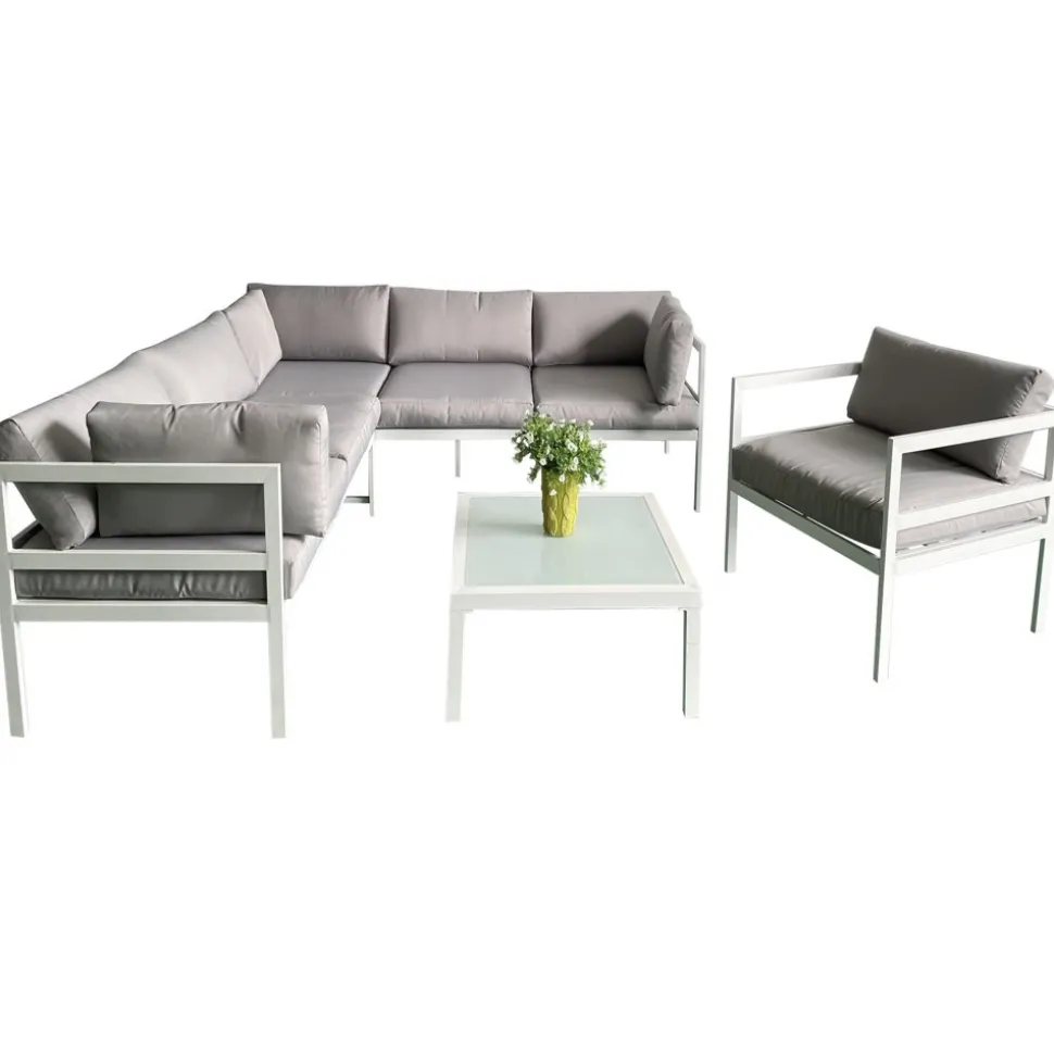 Utegrupp med bord och hörnsoffa i vit aluminium