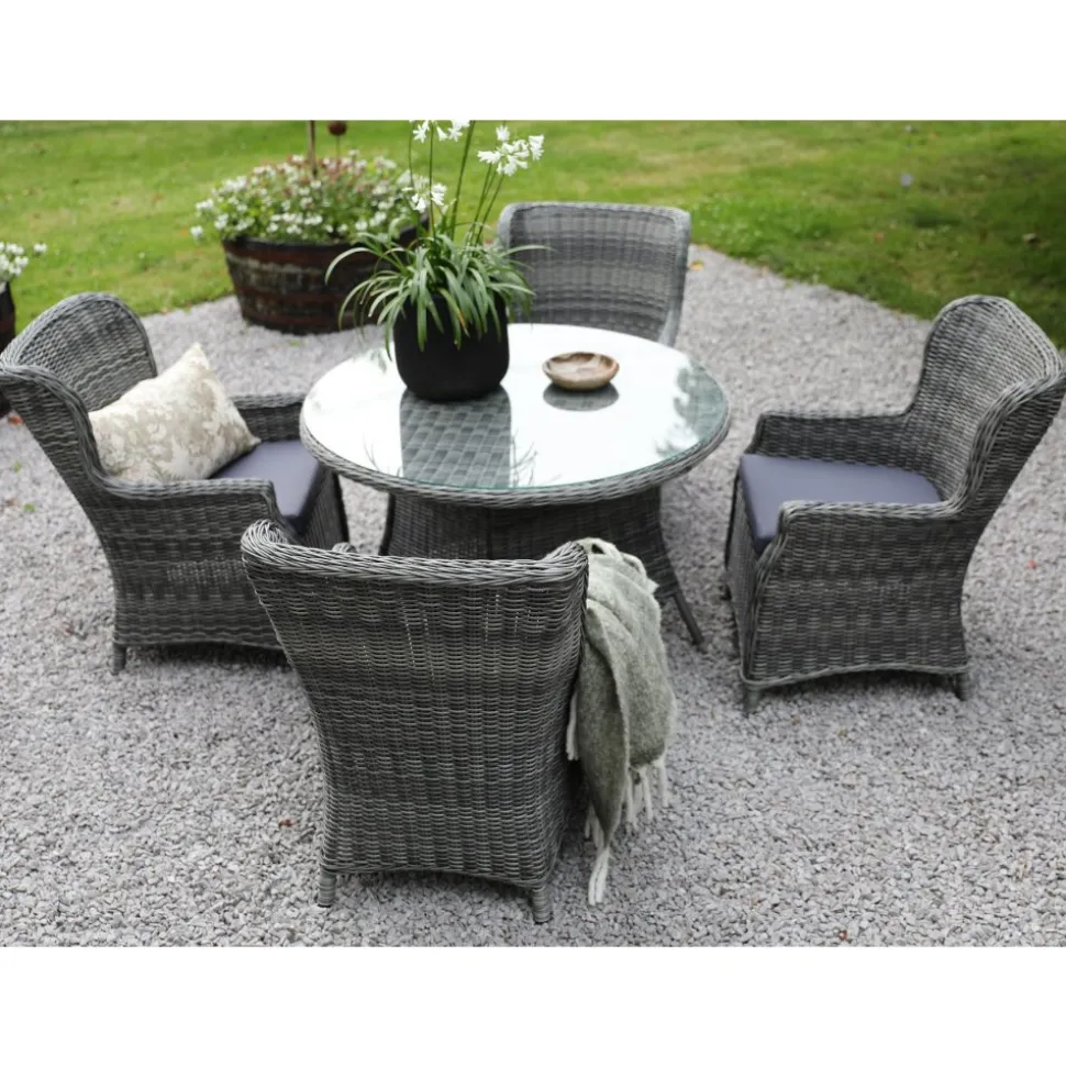 Utegrupp med runt bord och fyra fåtöljer + Fläckborttagare för möbler
