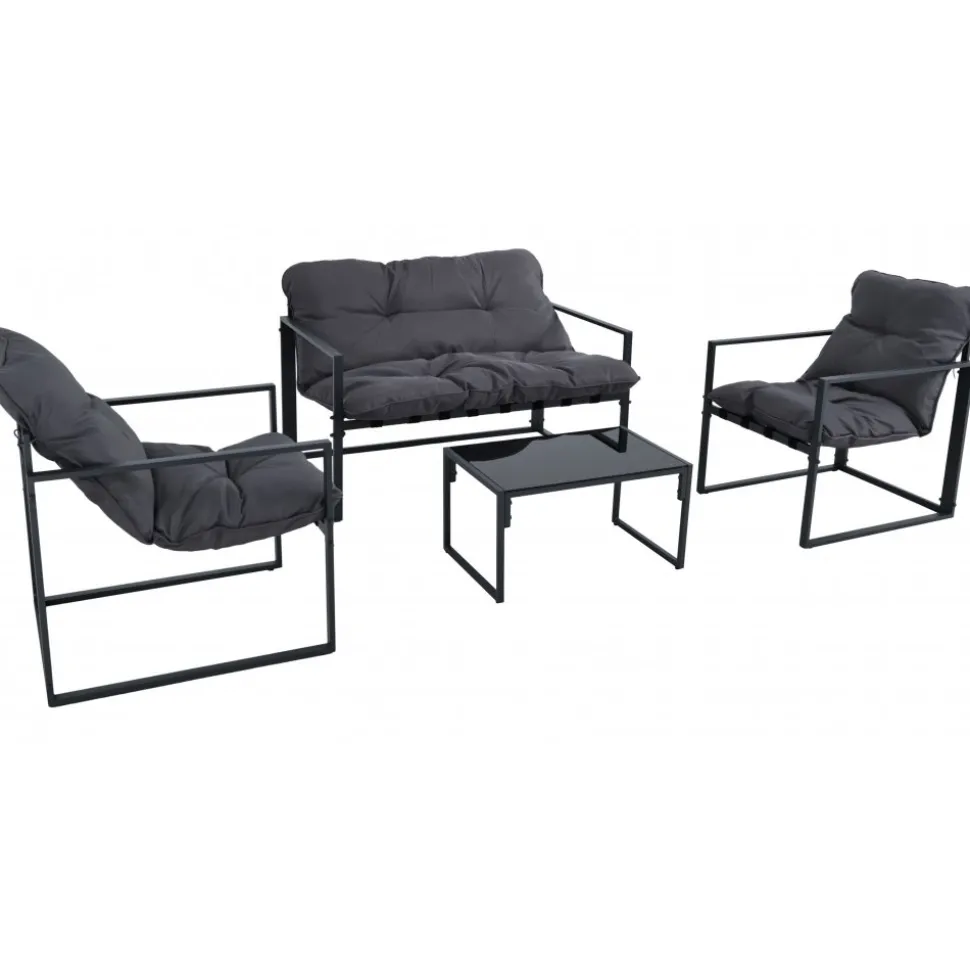 Utegrupp; soffa + 2 st fåtöljer + soffbord Svart/grå - Kreta + Textilskydd för utemöbler