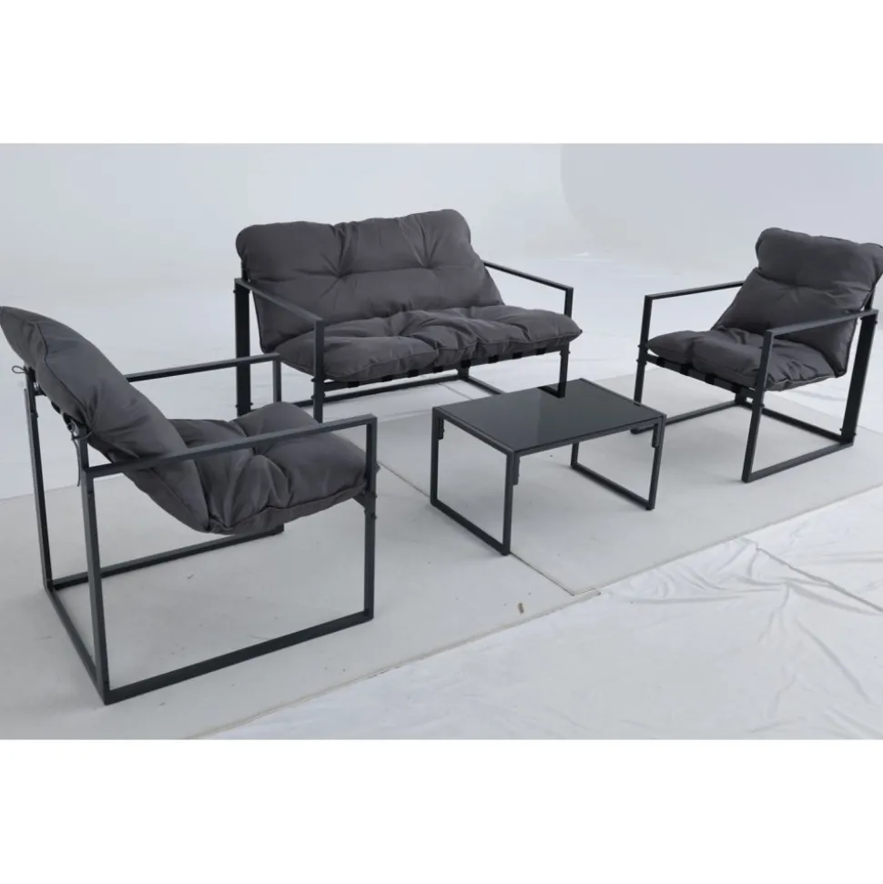 Utegrupp; soffa + 2 st fåtöljer + soffbord Svart/grå - Kreta + Textilskydd för utemöbler