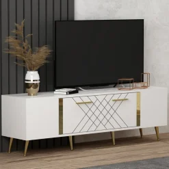 Vit TV-bänk med gulddetaljer - 150 cm
